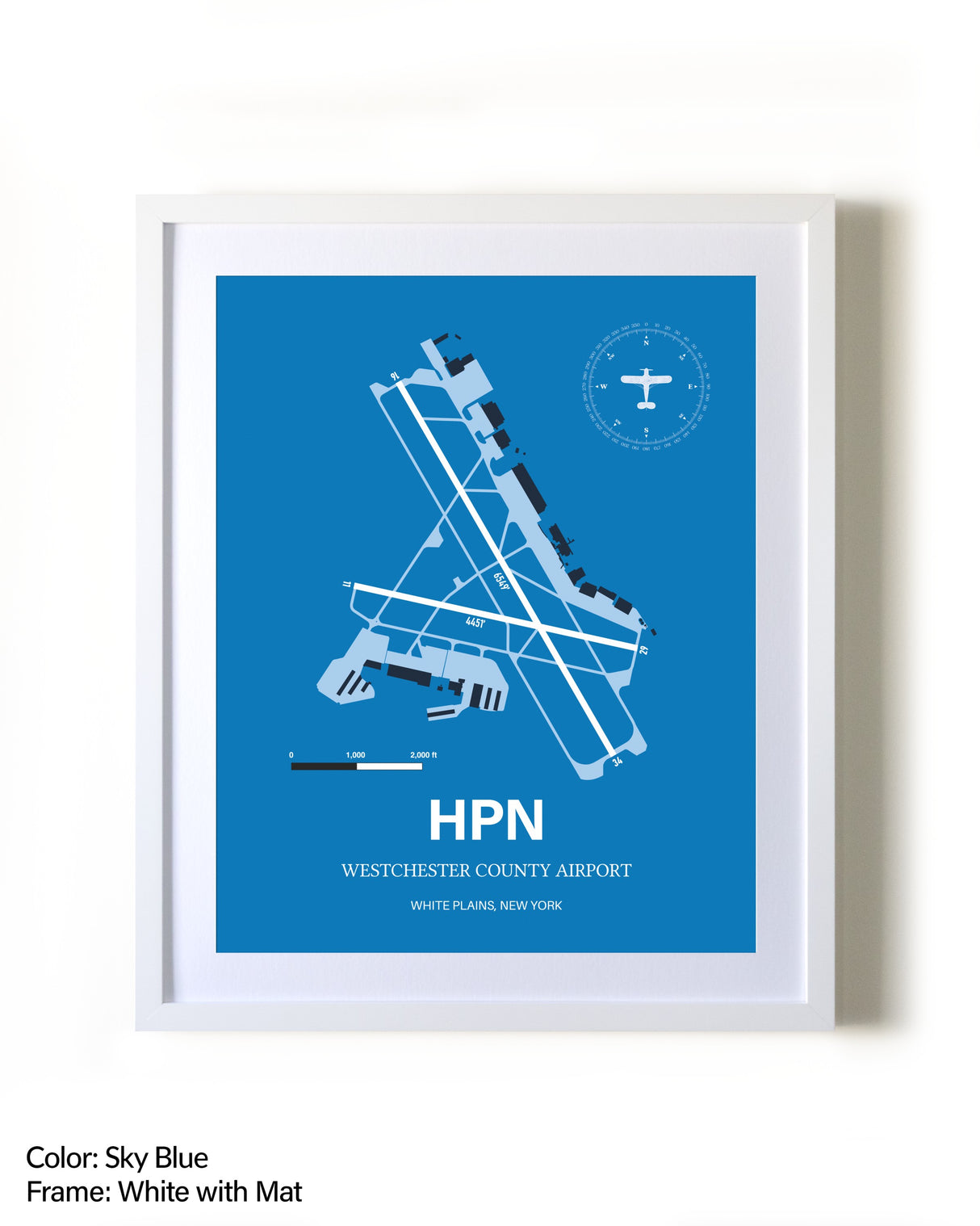 Westchester County Airport framed wall art in white frame with mat