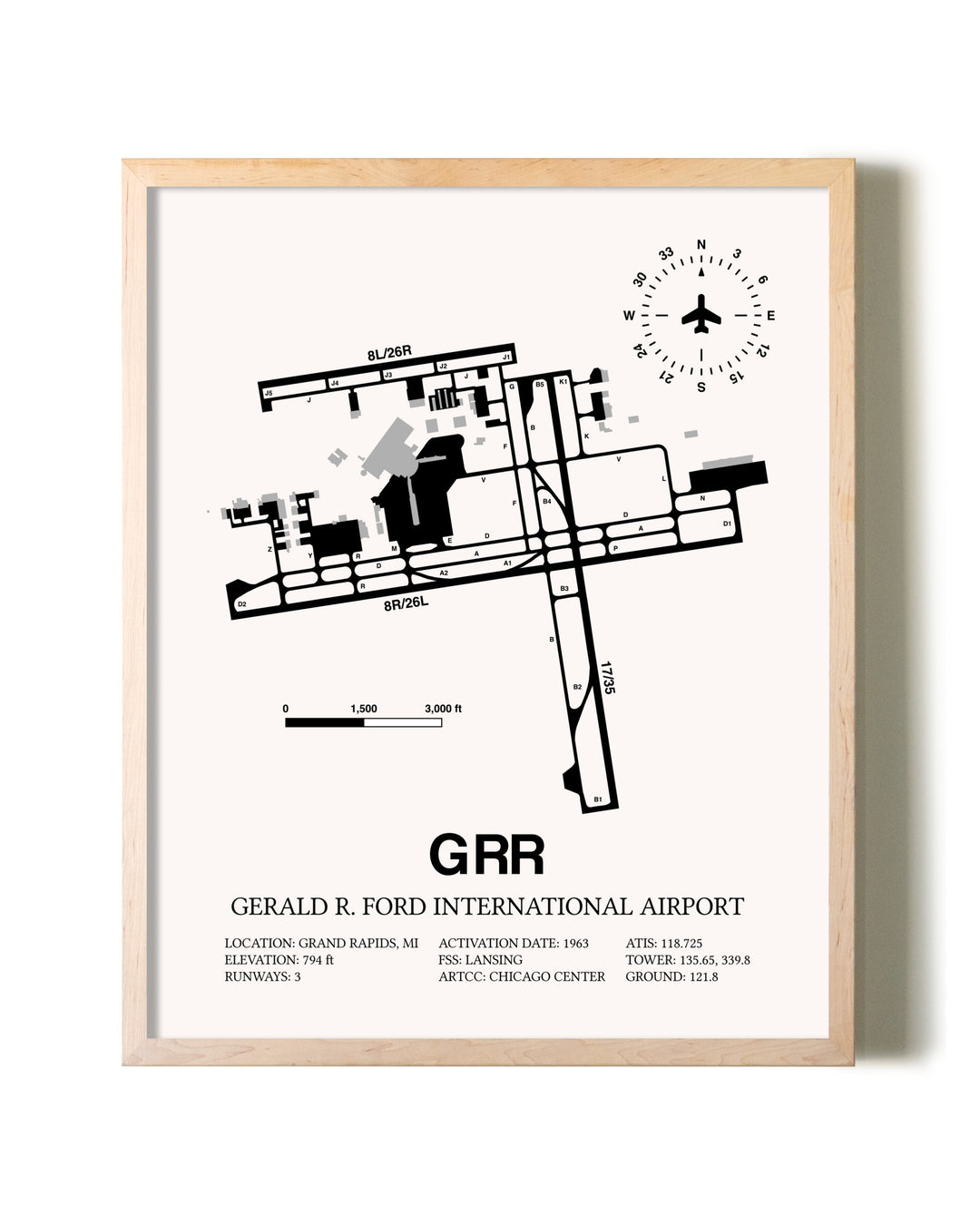 Gerald R. Ford International Airport framed wall art in white frame