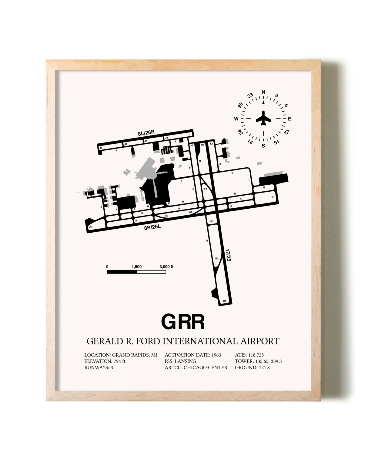 Gerald R. Ford International Airport framed wall art in white frame