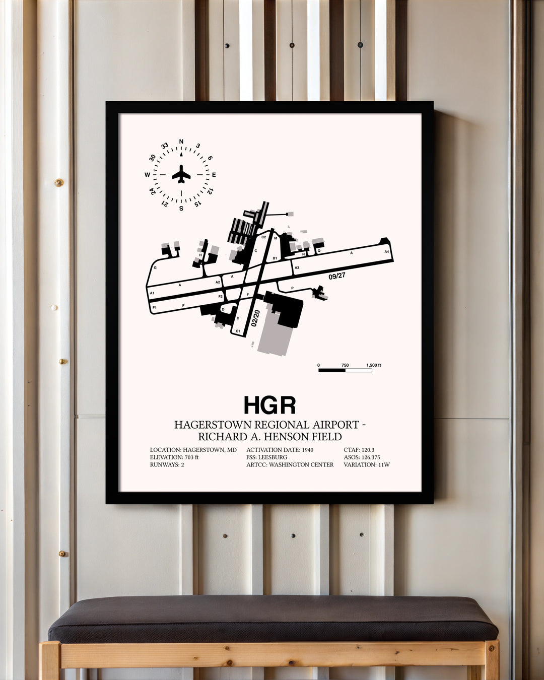 Hagerstown Regional Airport-Richard A. Henson Field framed poster displayed in an airplane hangar