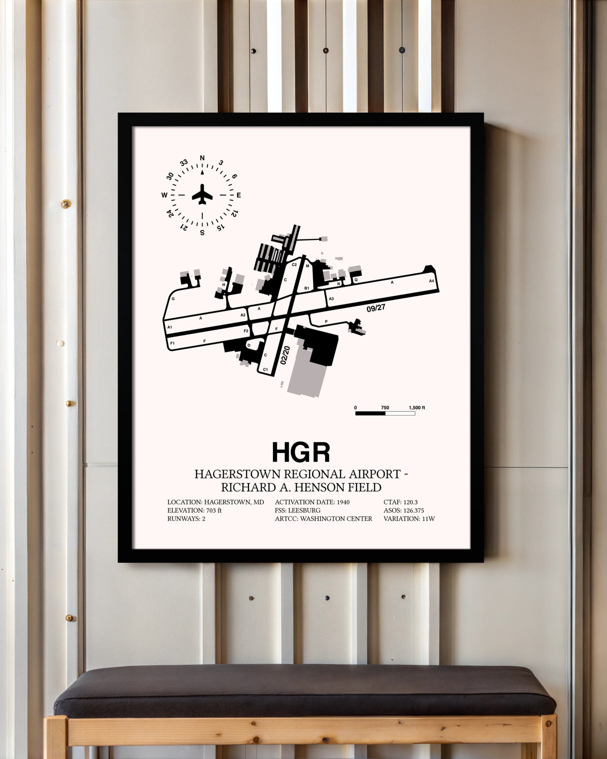 Hagerstown Regional Airport-Richard A. Henson Field framed poster displayed in an airplane hangar