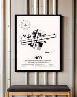 Hagerstown Regional Airport-Richard A. Henson Field framed poster displayed in an airplane hangar