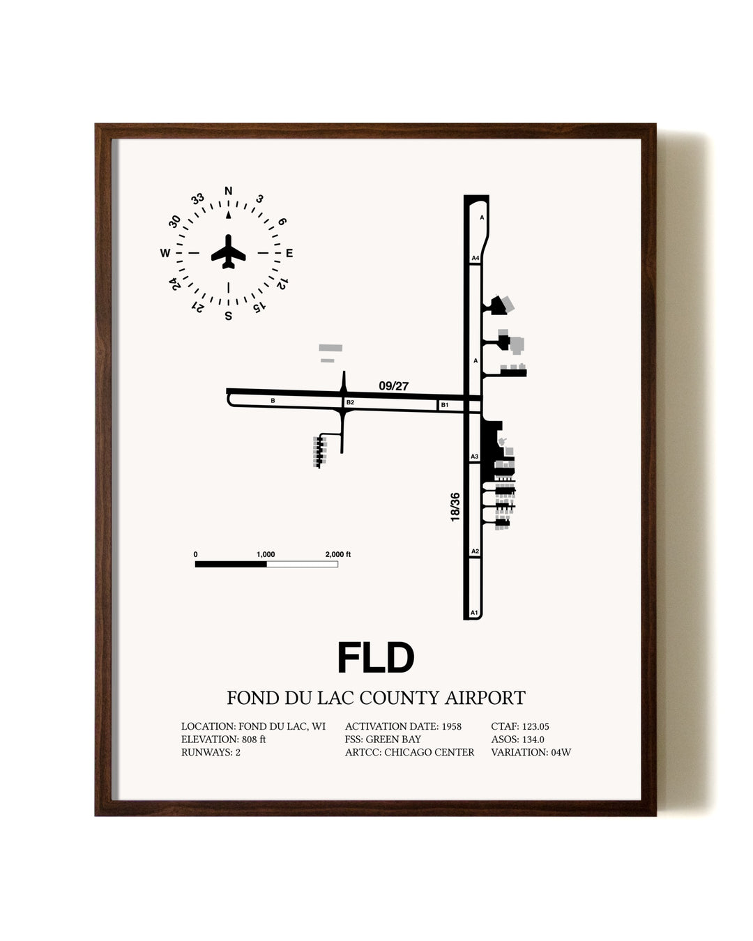 Fond Du Lac County Airport aviation print in walnut frame