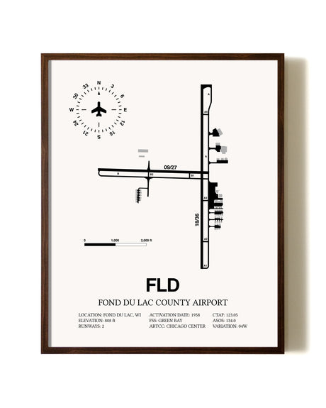 Fond Du Lac County Airport aviation print in walnut frame