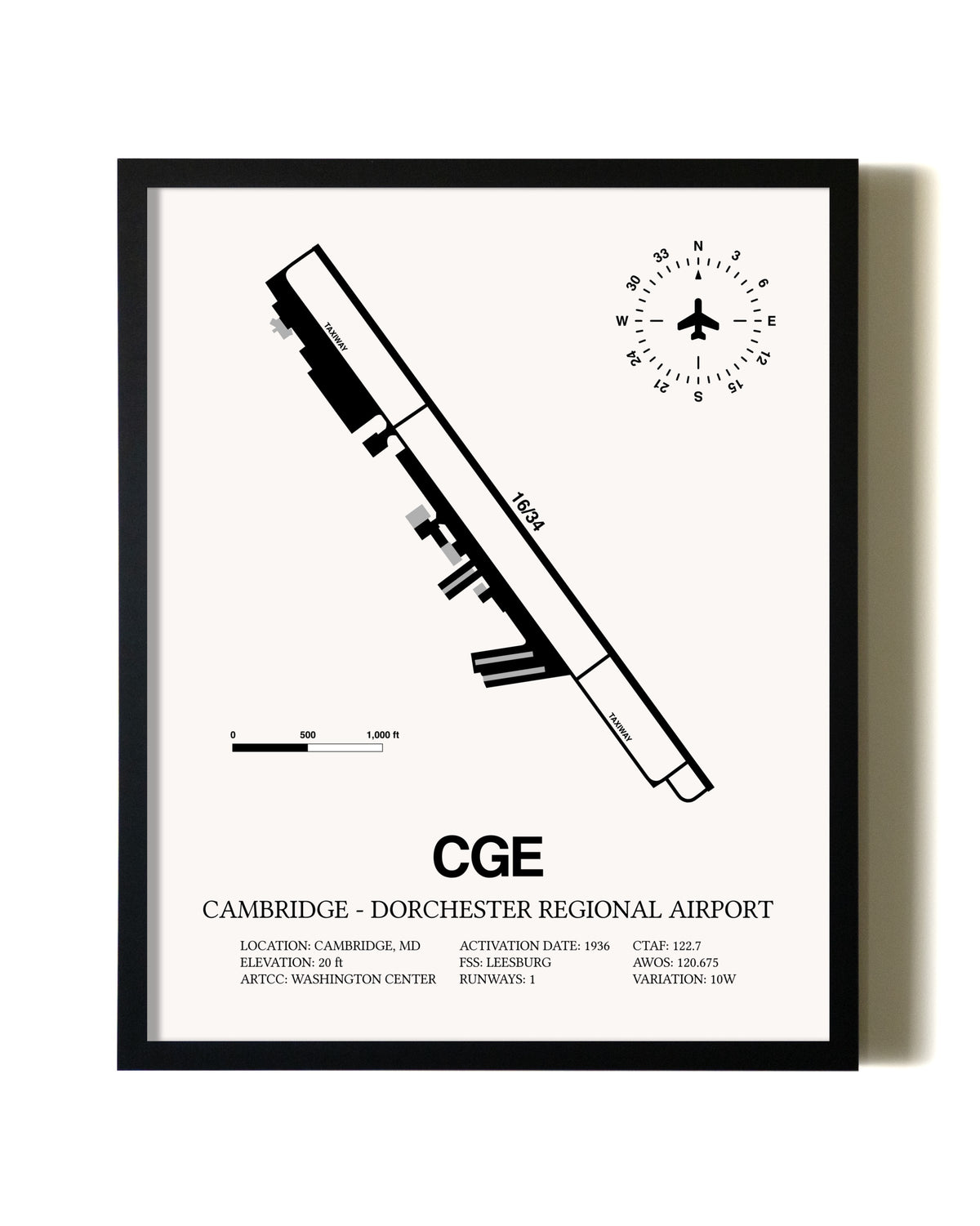 Framed Cambridge-Dorchester Regional Airport wall art poster in black frame