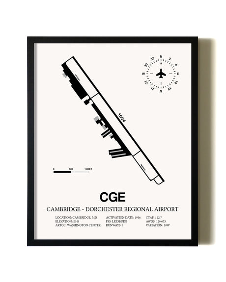 Framed Cambridge-Dorchester Regional Airport wall art poster in black frame