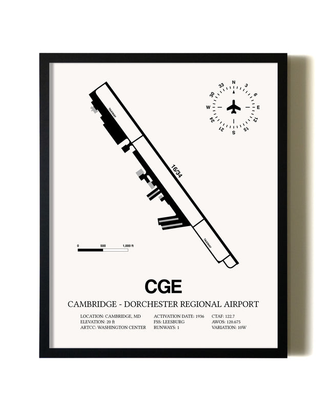 Framed Cambridge-Dorchester Regional Airport wall art poster in black frame