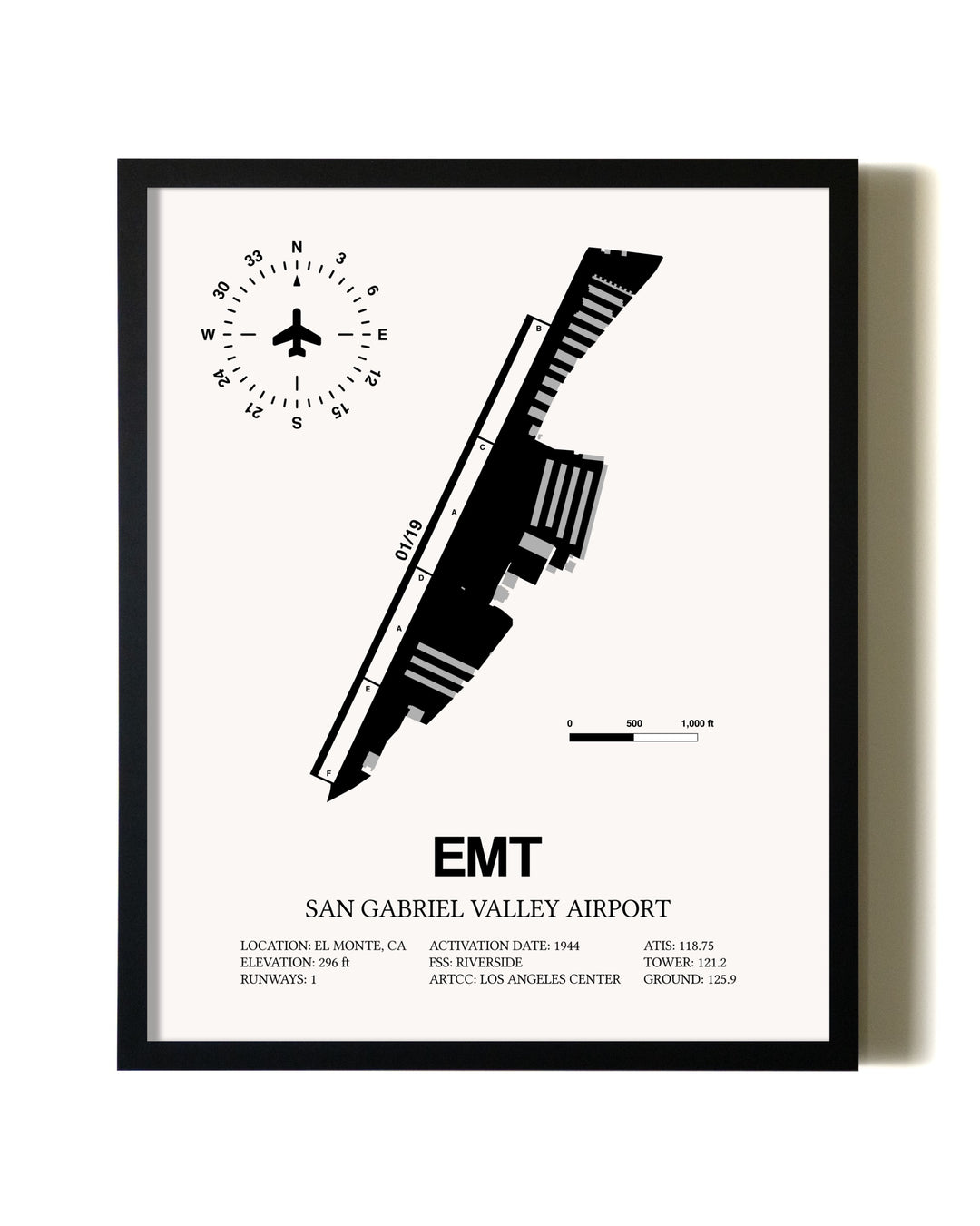 Framed San Gabriel Valley Airport wall art poster in black frame