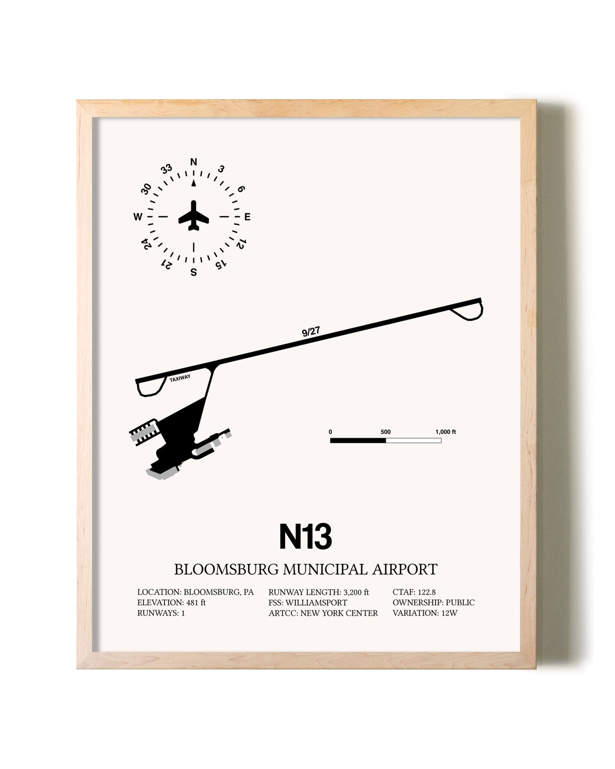 Bloomsburg Municipal Airport framed wall art in white frame