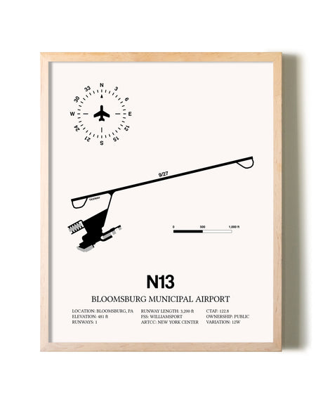 Bloomsburg Municipal Airport framed wall art in white frame