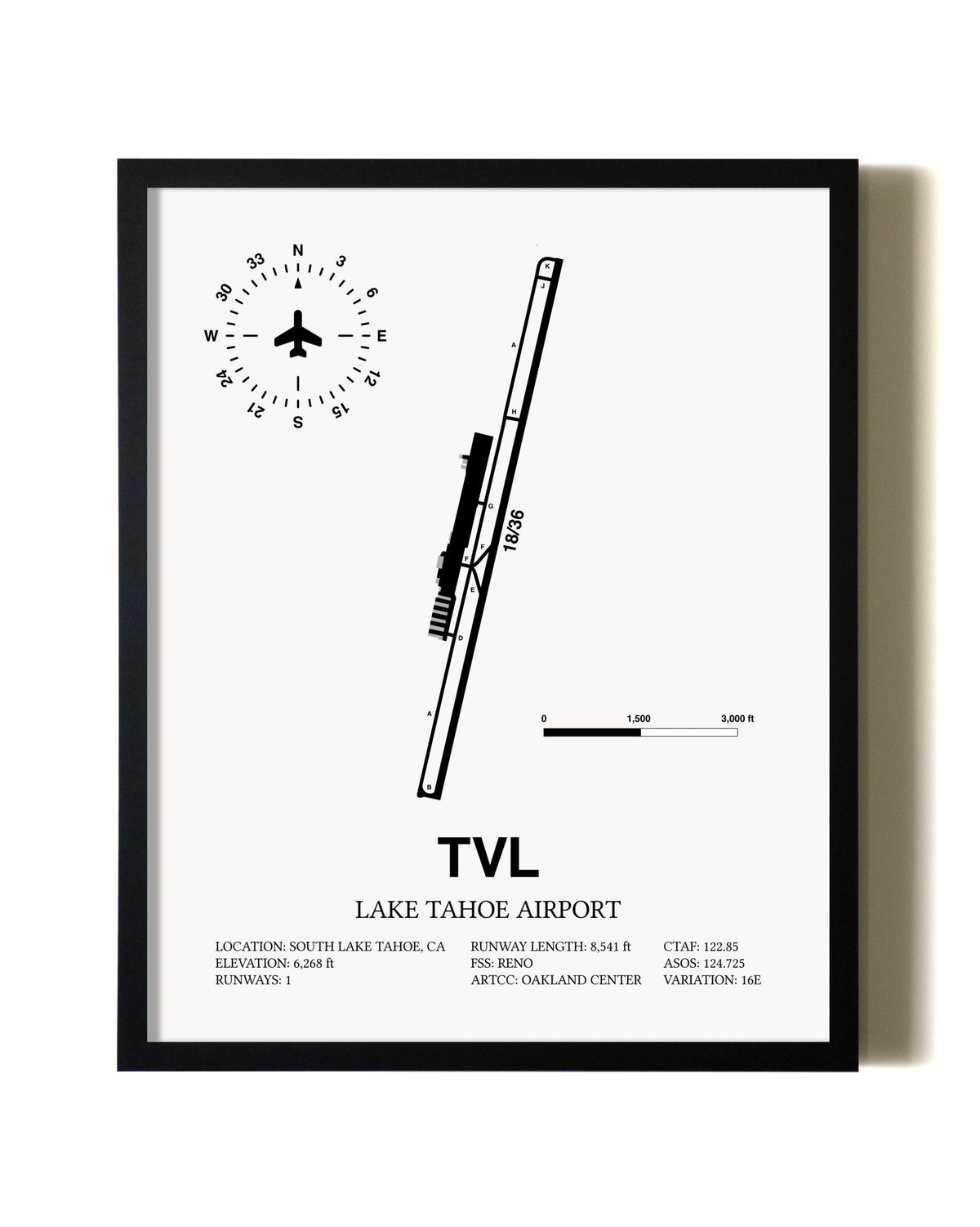 Framed Lake Tahoe Airport wall art poster in black frame