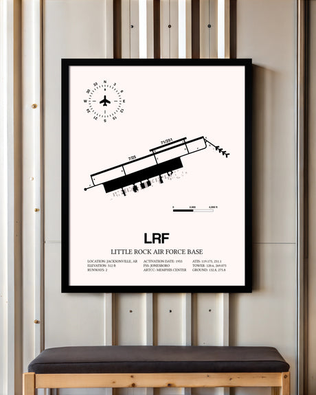 Little Rock Air Force Base framed poster displayed in an airplane hangar