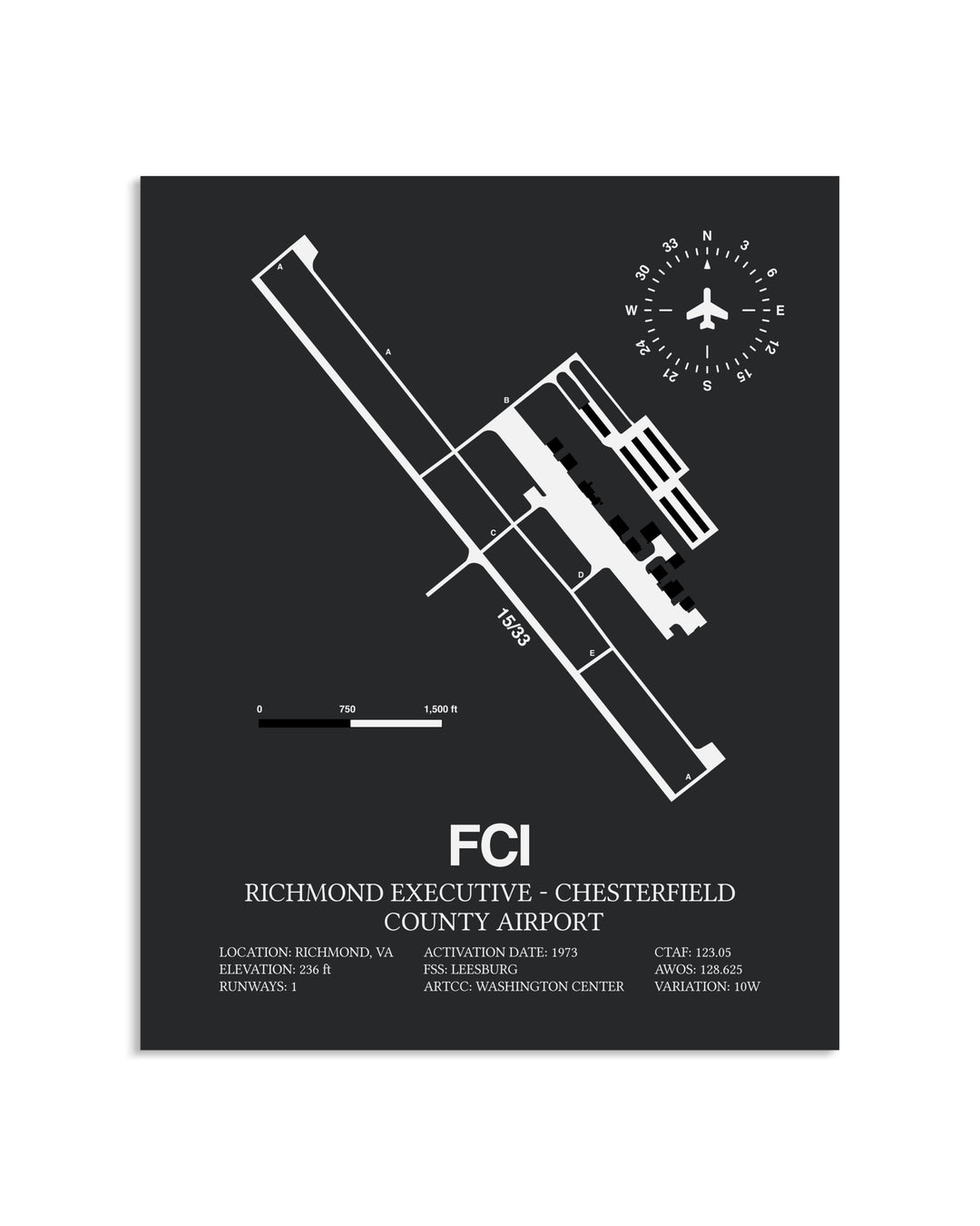 Gray Framed Richmond Executive-Chesterfield County Airport layout wall art poster