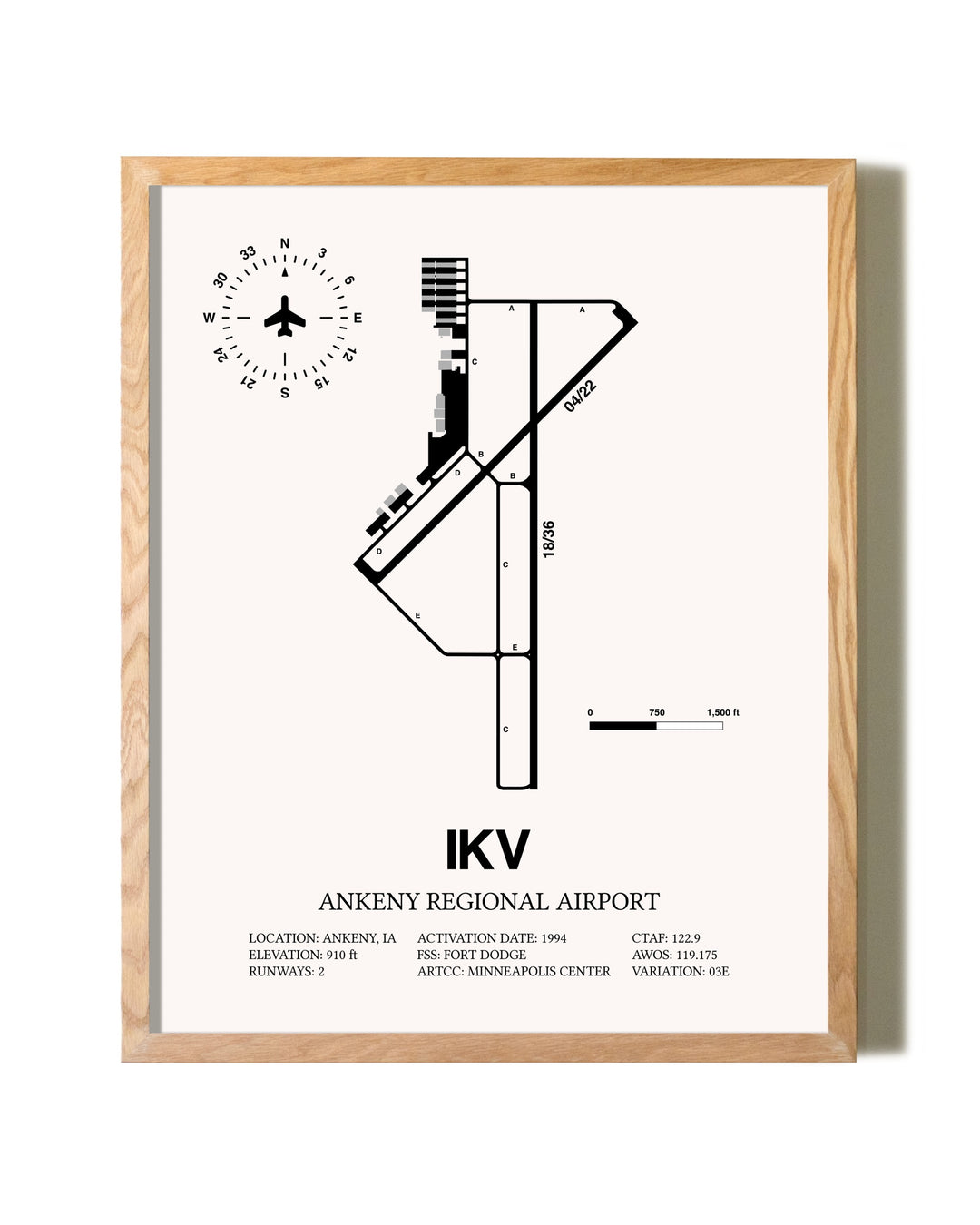 Ankeny Regional Airport framed print in natural wood frame