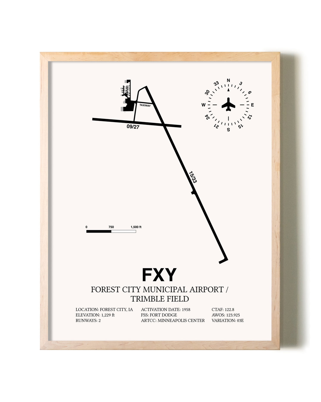 Forest City Municipal Airport / Trimble Field framed wall art in white frame