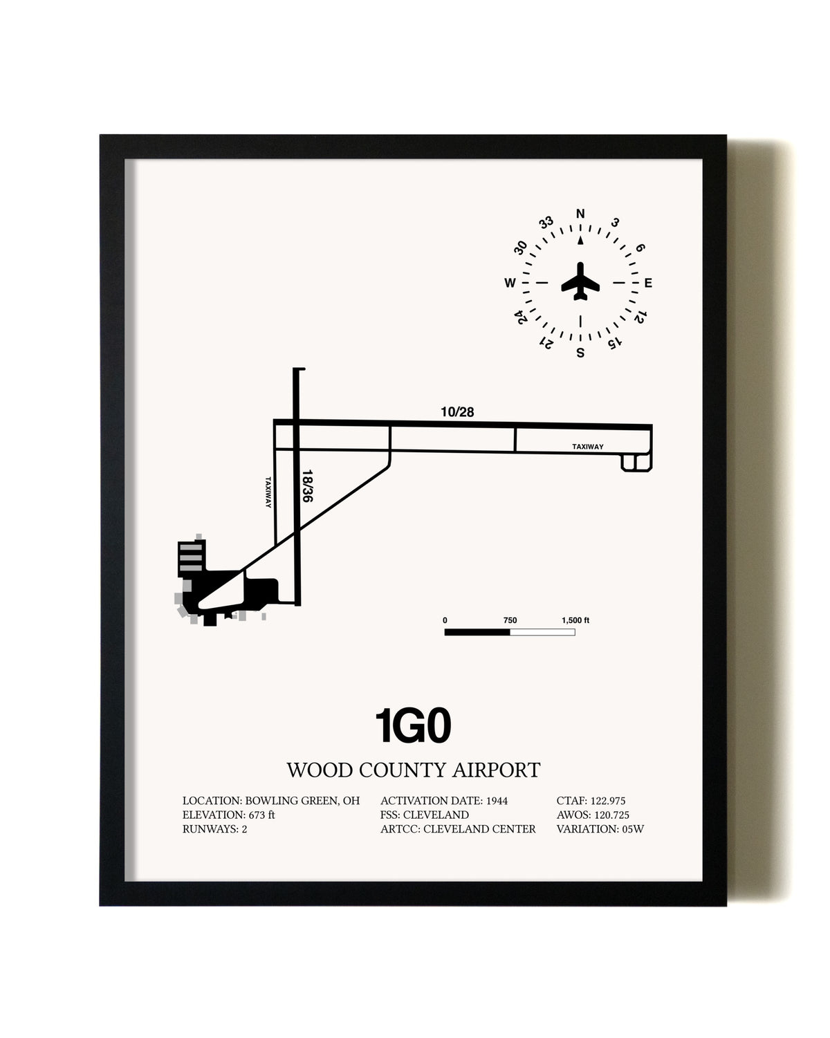 Framed Wood County Airport wall art poster in black frame