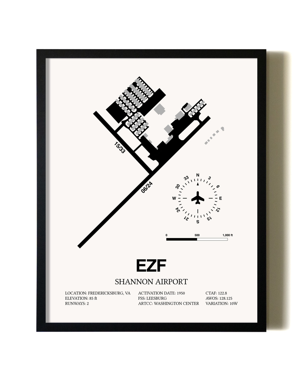 Framed Shannon Airport wall art poster in black frame
