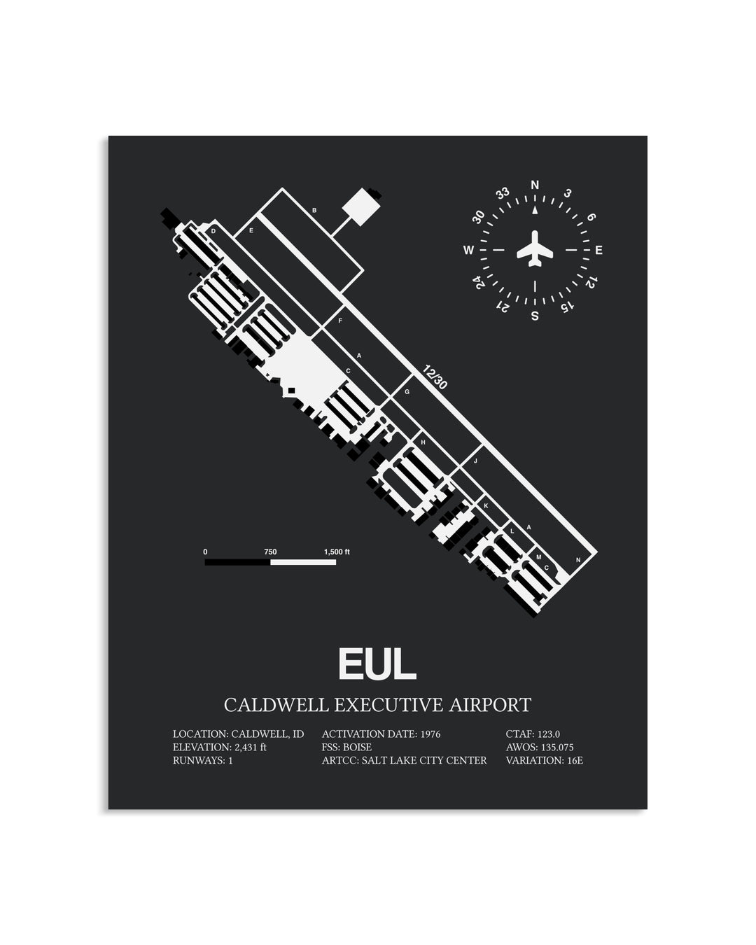 Gray Framed Caldwell Executive Airport layout wall art poster