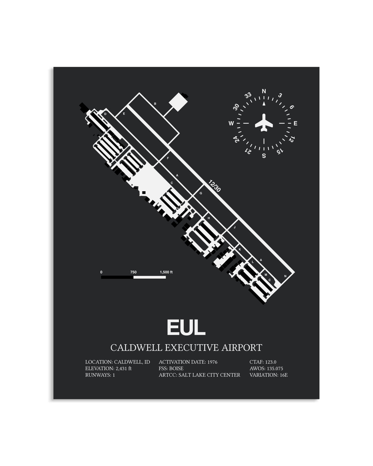 Gray Framed Caldwell Executive Airport layout wall art poster