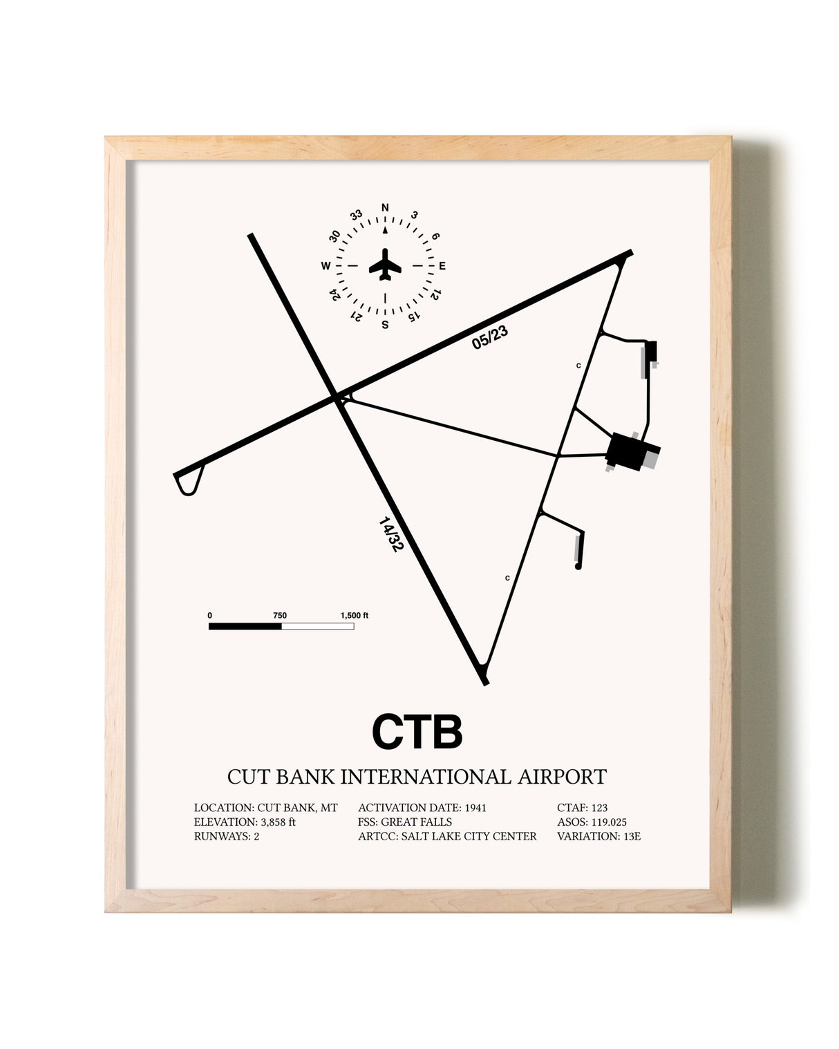 Cut Bank International Airport framed wall art in white frame