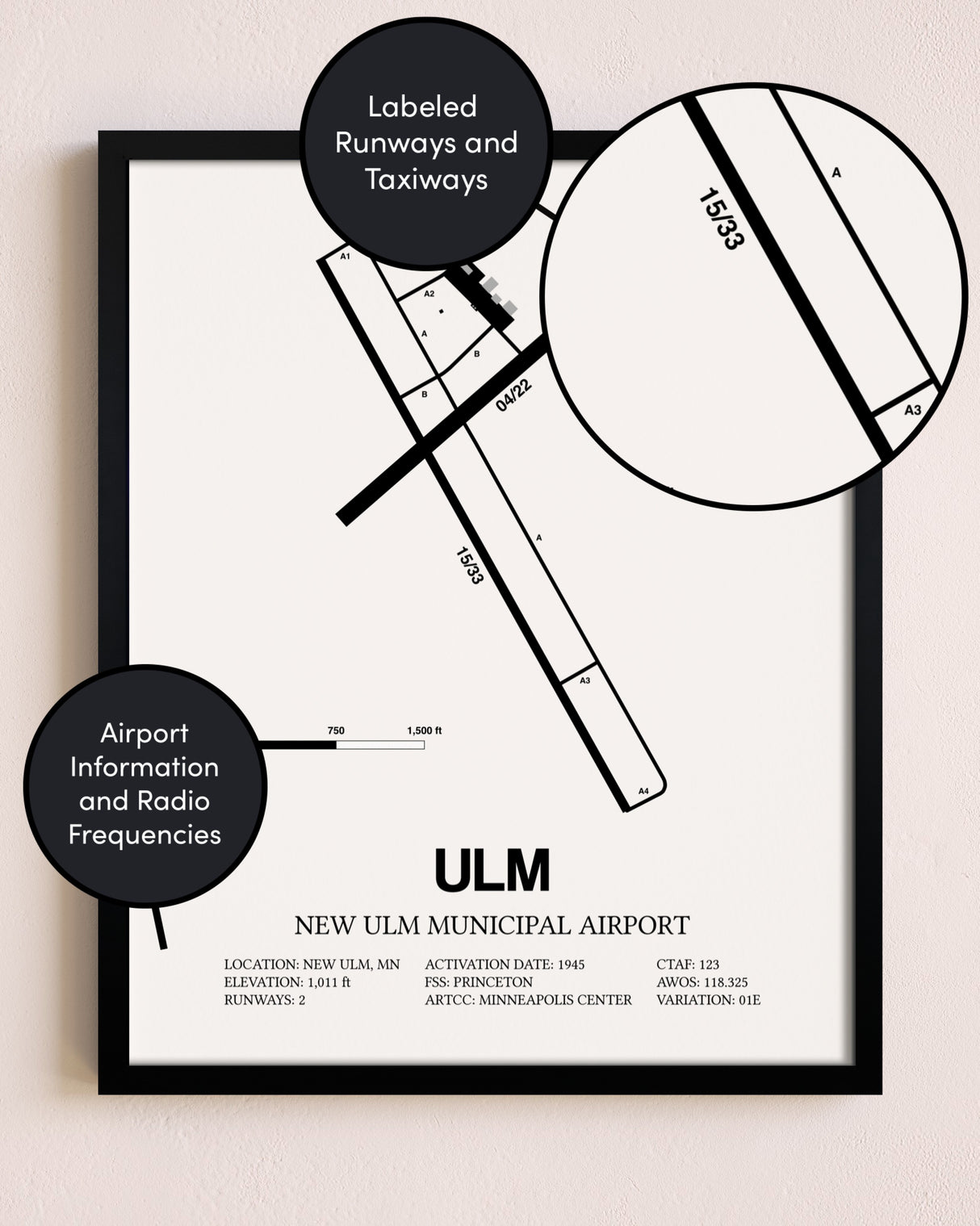 Framed New Ulm Municipal Airport layout wall art poster