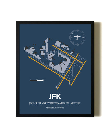Blue and Yellow Framed John F. Kennedy International Airport wall art poster in black frame