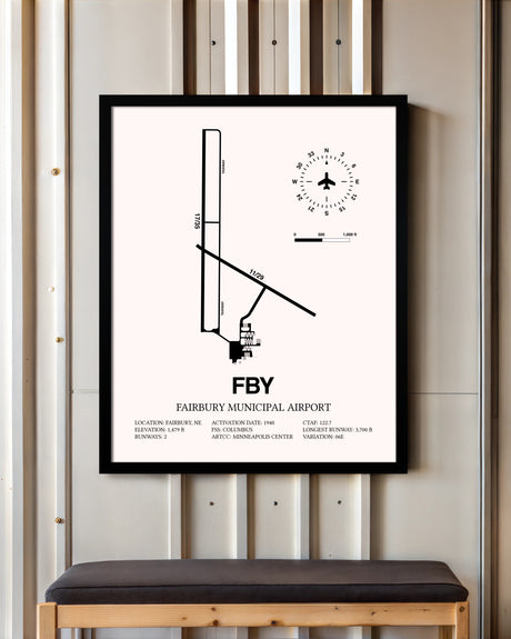 Fairbury Municipal Airport framed poster displayed in an airplane hangar