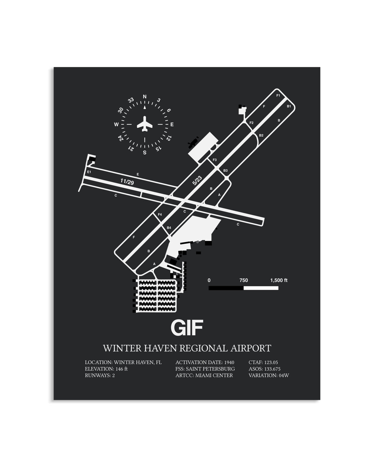 Gray Framed Winter Haven Regional Airport layout wall art poster