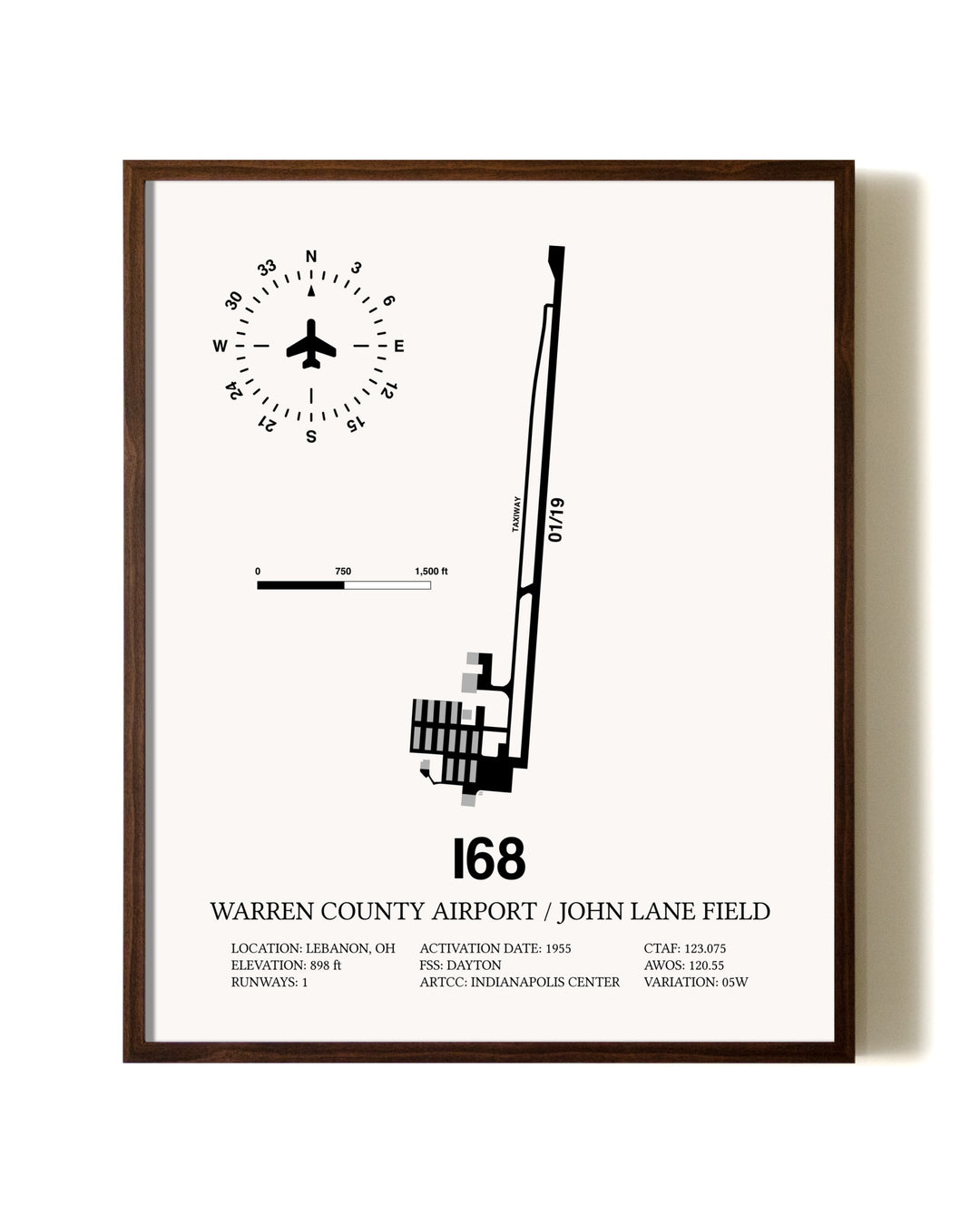Warren County Airport / John Lane Field aviation print in walnut frame