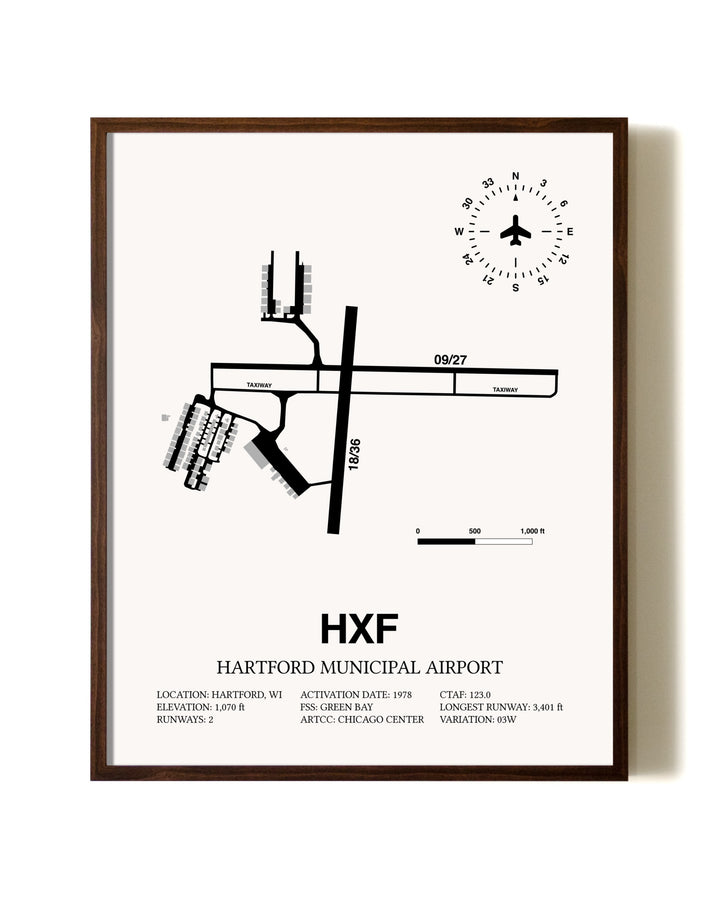 Hartford Municipal Airport aviation print in walnut frame