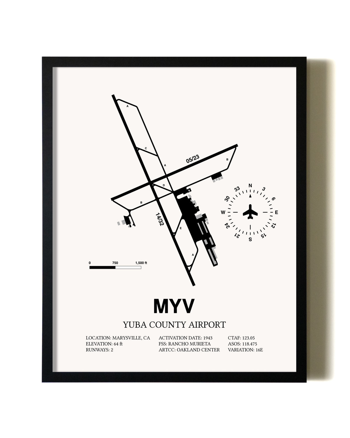 Framed Yuba County Airport wall art poster in black frame