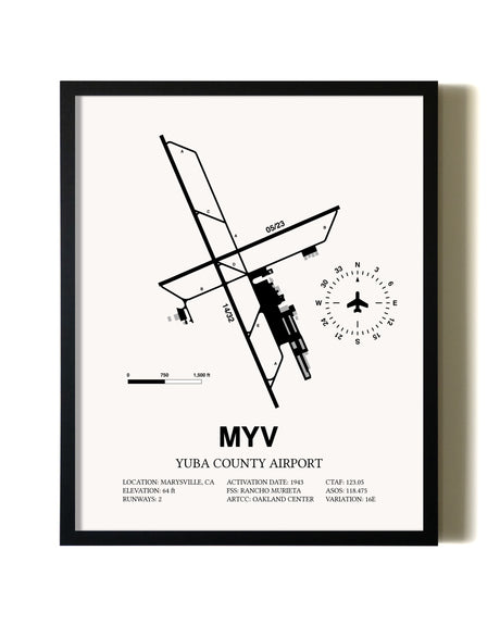 Framed Yuba County Airport wall art poster in black frame