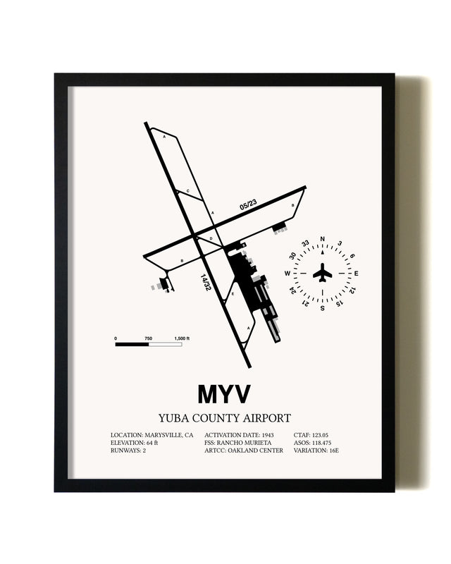 Framed Yuba County Airport wall art poster in black frame