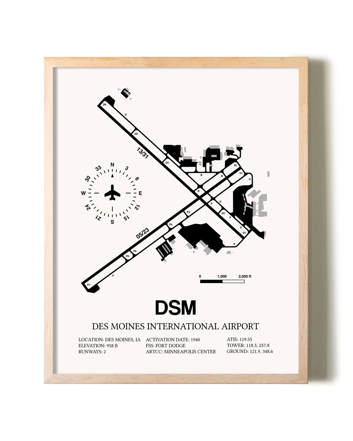 Des Moines International Airport framed wall art in white frame