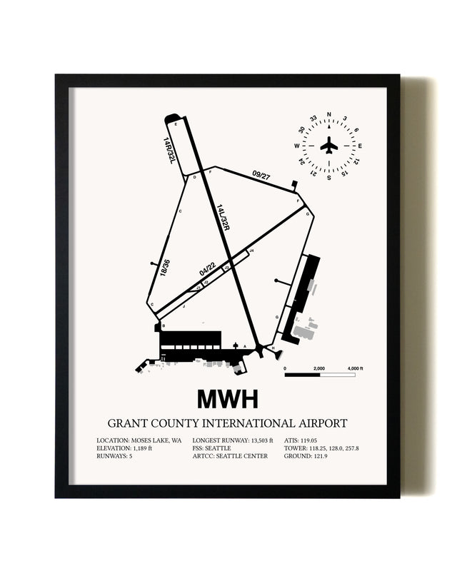 Framed Grant County International Airport wall art poster in black frame