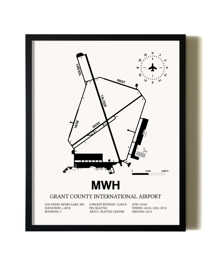 Framed Grant County International Airport wall art poster in black frame