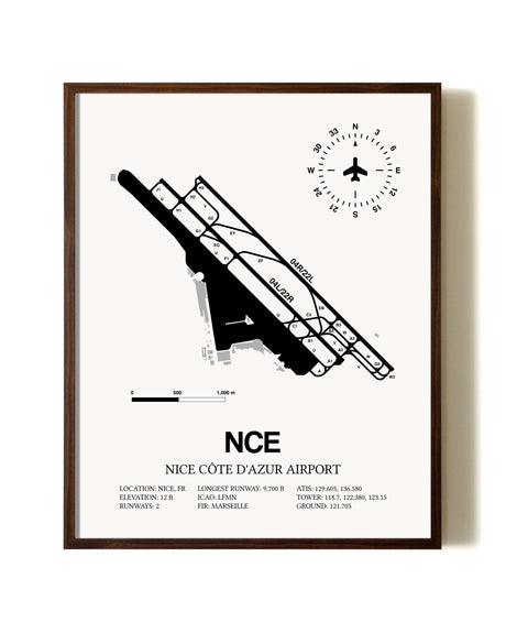 Nice Cote D'Azur Airport aviation print in walnut frame