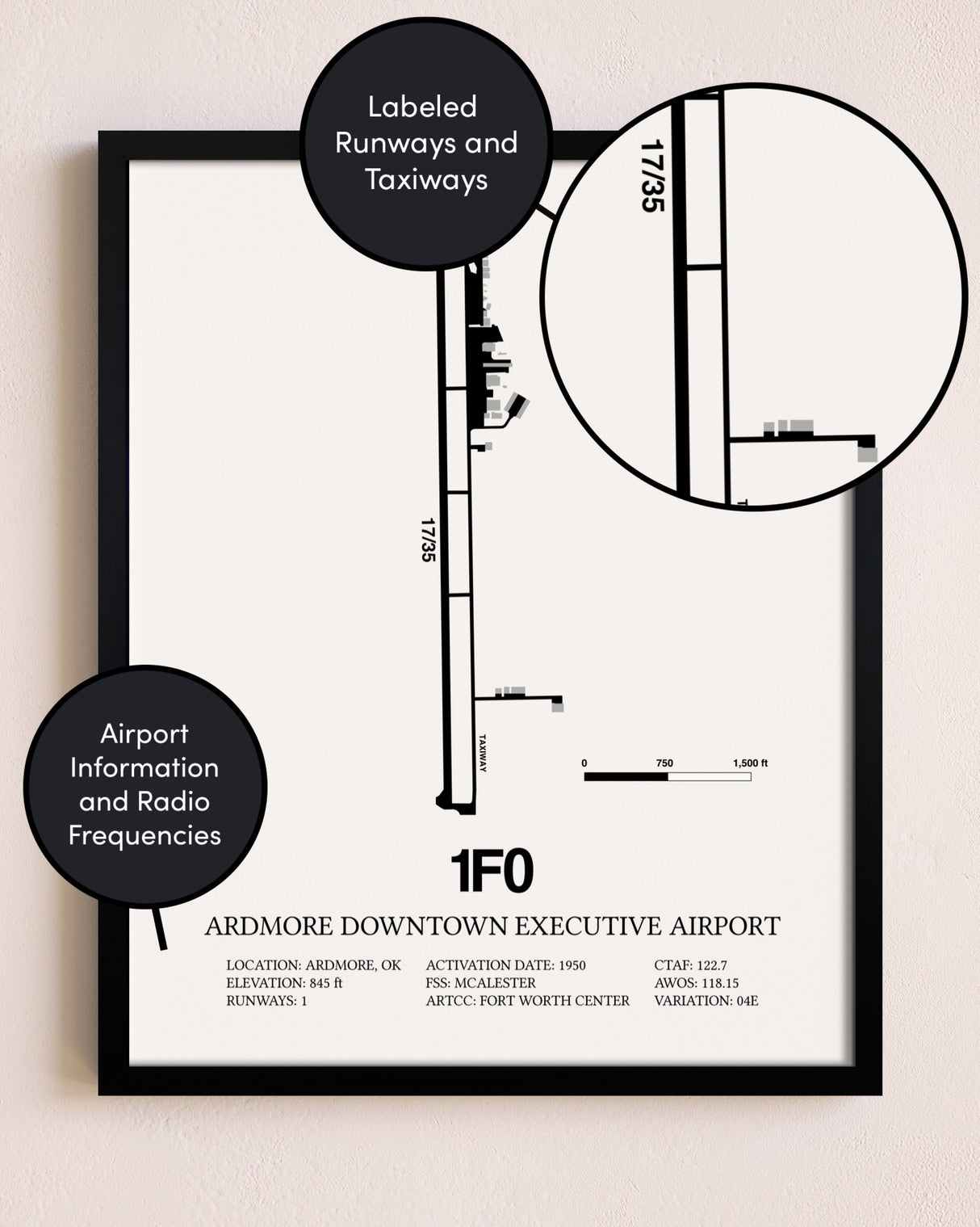 Framed Ardmore Downtown Executive Airport layout wall art poster