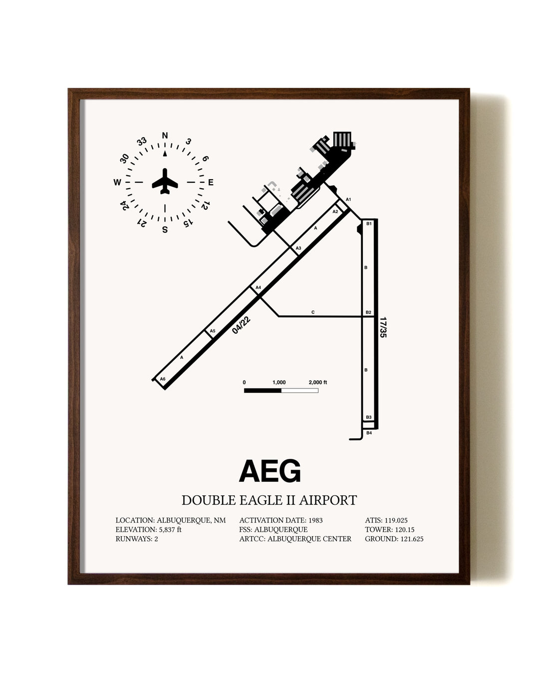 Double Eagle II Airport aviation print in walnut frame