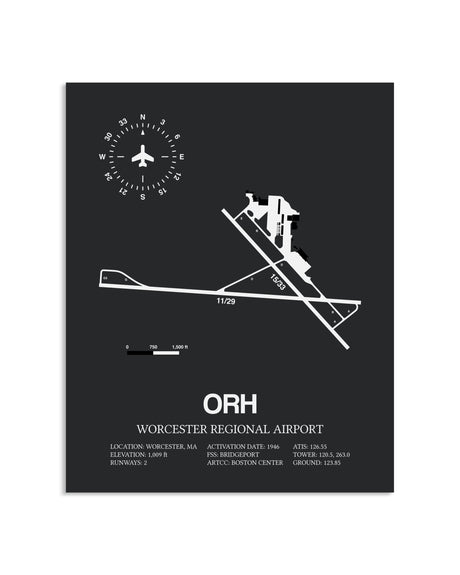 Gray Framed Worcester Regional Airport layout wall art poster