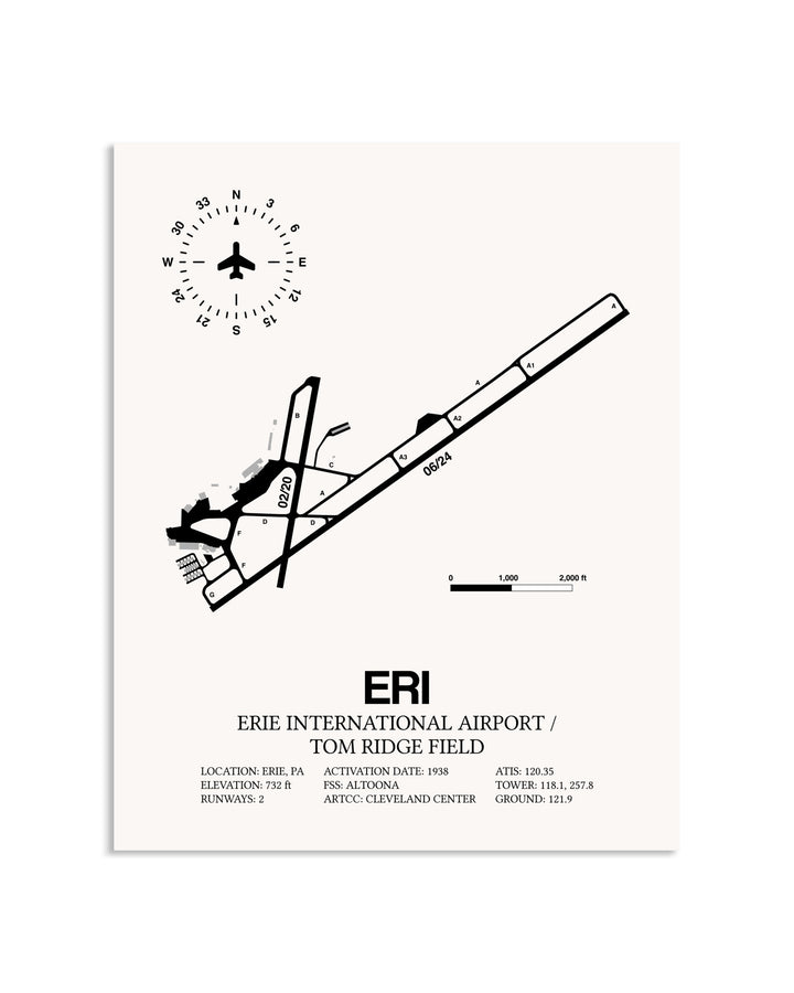 Gray Erie International Airport / Tom Ridge Field framed poster displayed in an airplane hangar