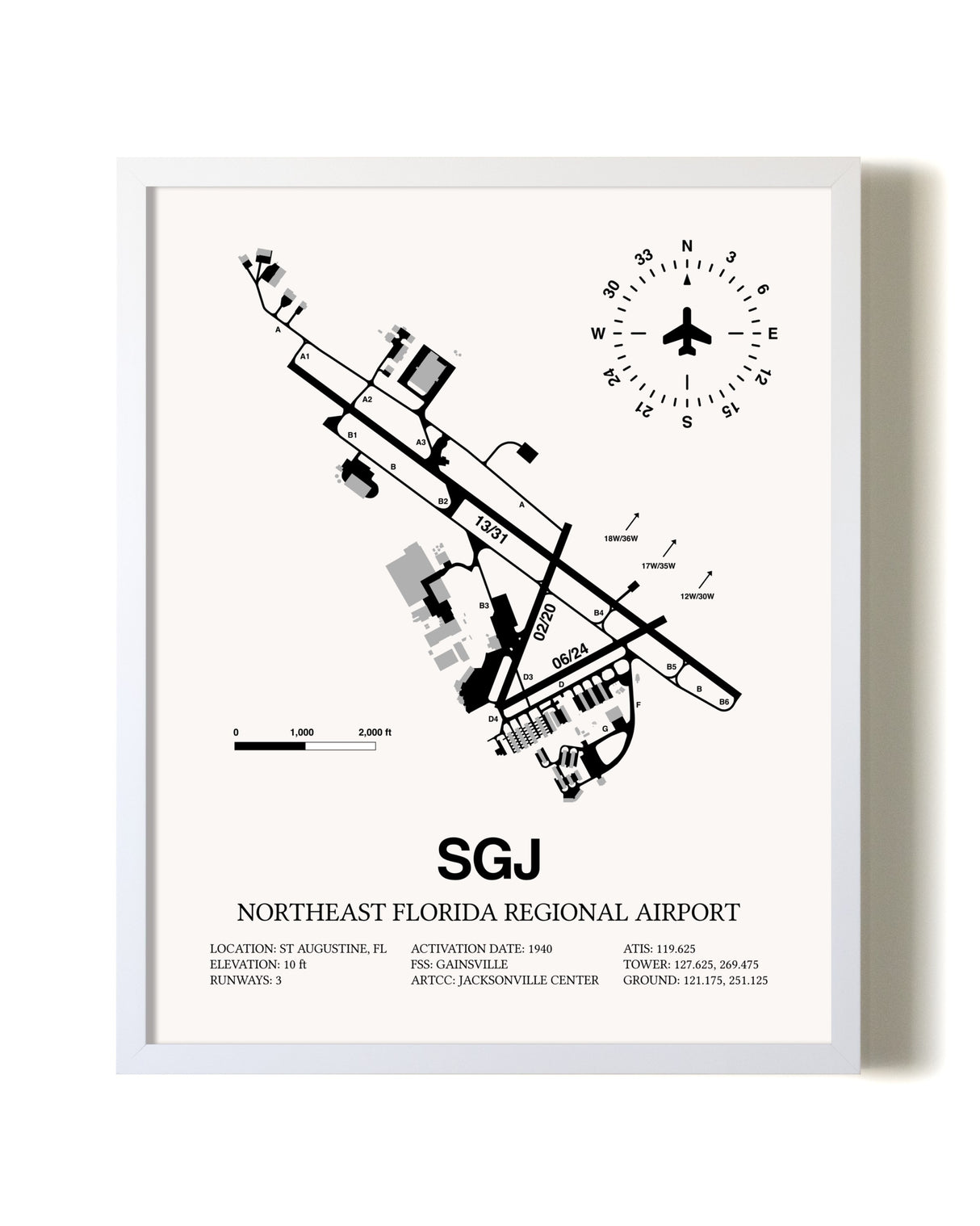Northeast Florida Regional Airport airport map poster in oak frame