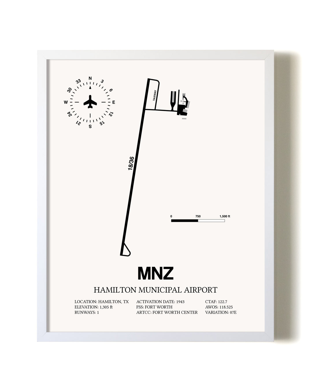 Hamilton Municipal Airport airport map poster in oak frame