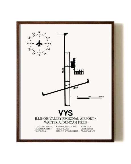 Illinois Valley Regional Airport-Walter A. Duncan Field aviation print in walnut frame