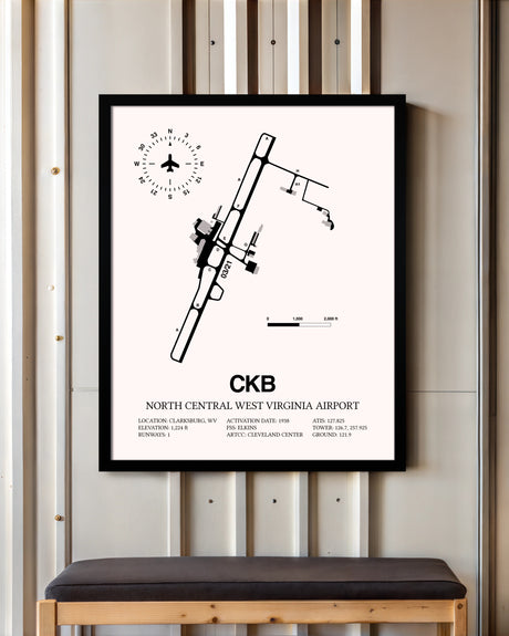 North Central West Virginia Airport framed poster displayed in an airplane hangar