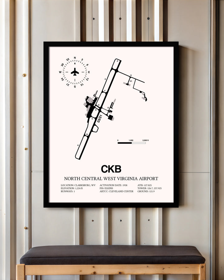 North Central West Virginia Airport framed poster displayed in an airplane hangar