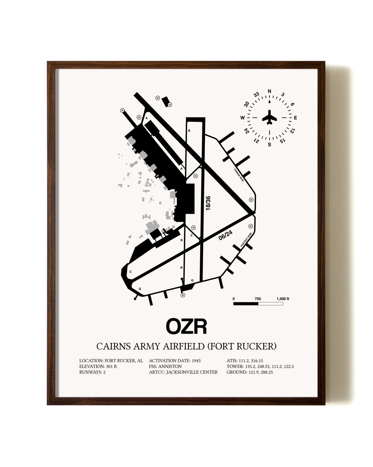 Cairns Army Airfield (Fort Rucker) aviation print in walnut frame