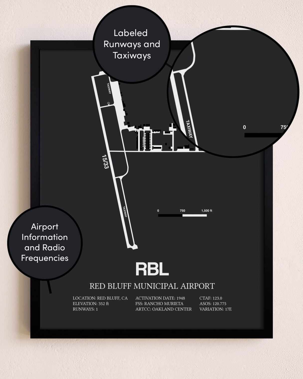 Red Bluff Municipal Airport poster size comparison chart
