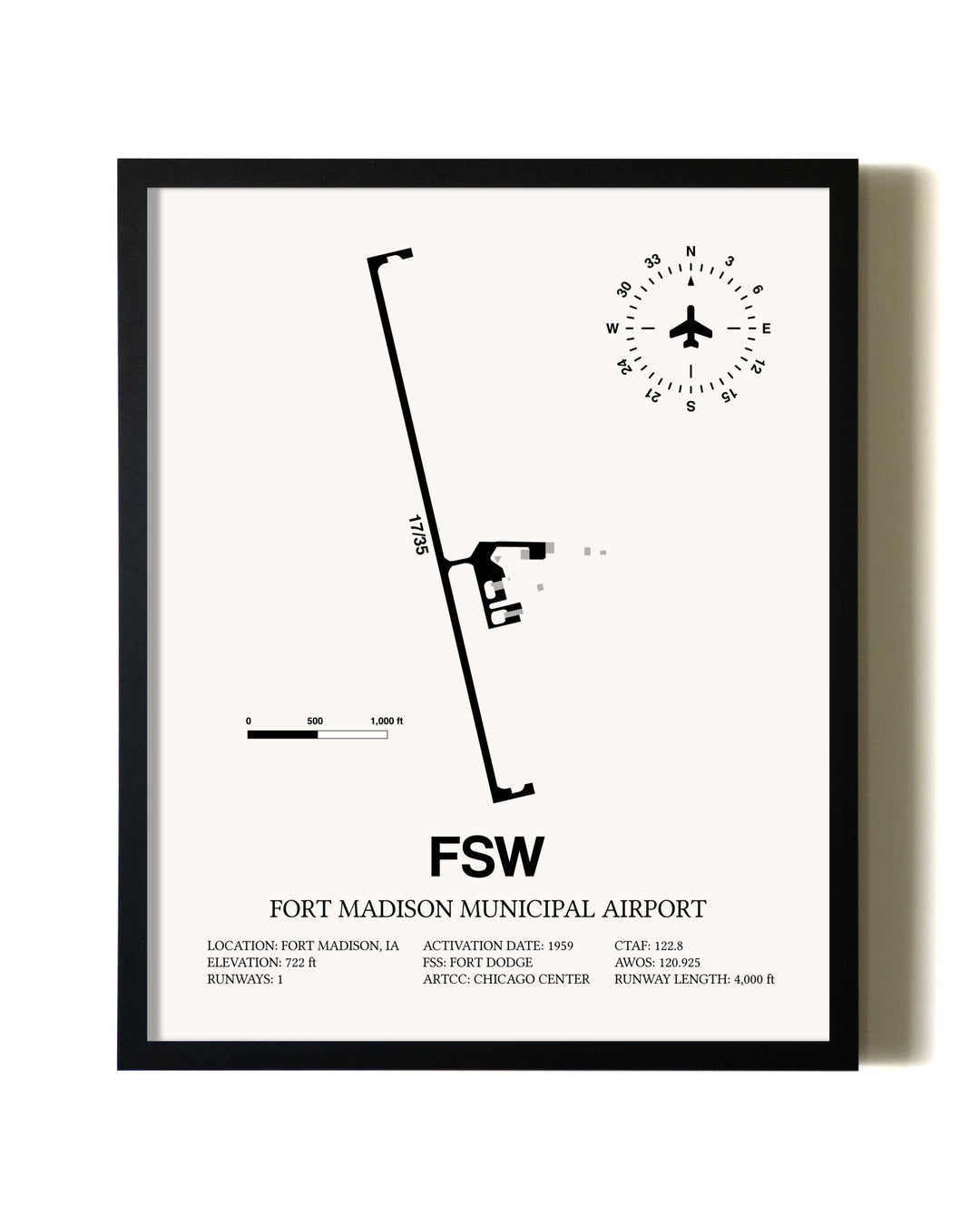 Framed Fort Madison Municipal Airport wall art poster in black frame