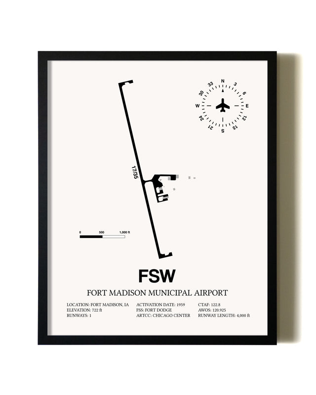 Framed Fort Madison Municipal Airport wall art poster in black frame